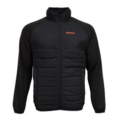 Frontansicht der schwarzen Jacke mit dezentem rotem Logo "ROTAX" auf linker Brust