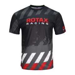Front view T-shirt with all-over racing print and Rotax Racing logo centered on the chest