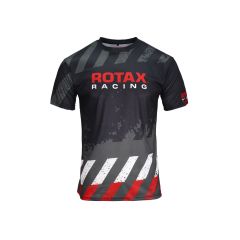 Front view T-shirt with all-over racing print and Rotax Racing logo centered on the chest