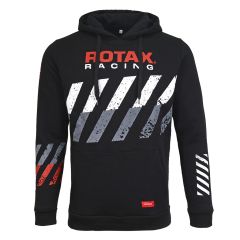 Front view of the black hoodie with ROTAX Racing logo on the chest, striped pattern underneath, sleeves and forearms with the same pattern