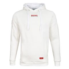 Front of the “off-white” hoodie with subtle ROTAX badge on kangaroo pocket and “ROTAX Racing” logo centered below neckline